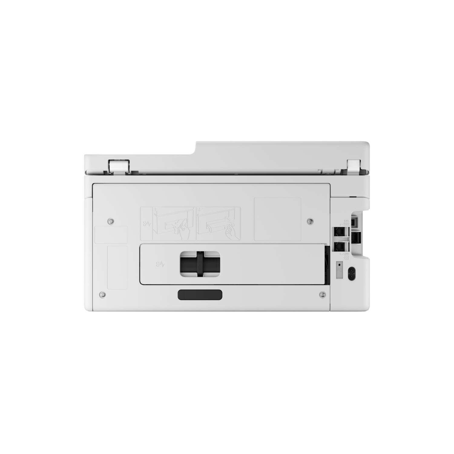 Tył białej drukarki. Zawiera podajnik papieru, port zasilania i gniazda połączeń.