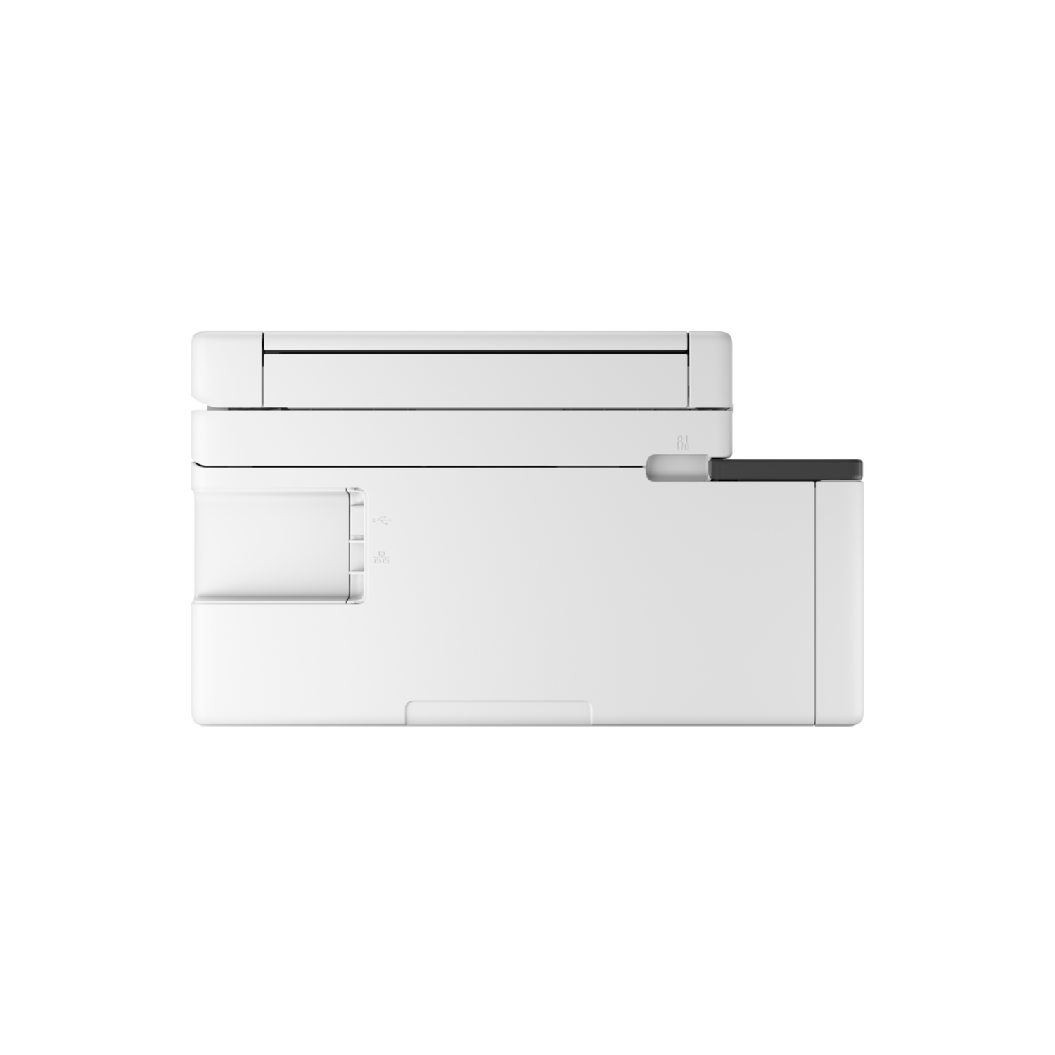 Biała drukarka z widokiem z góry i z boku. Zawiera slot na papier i porty. Na białym tle.