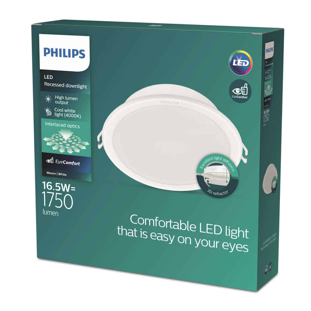 Caja para un downlight empotrado LED Philips. Muestra especificaciones y características del producto.