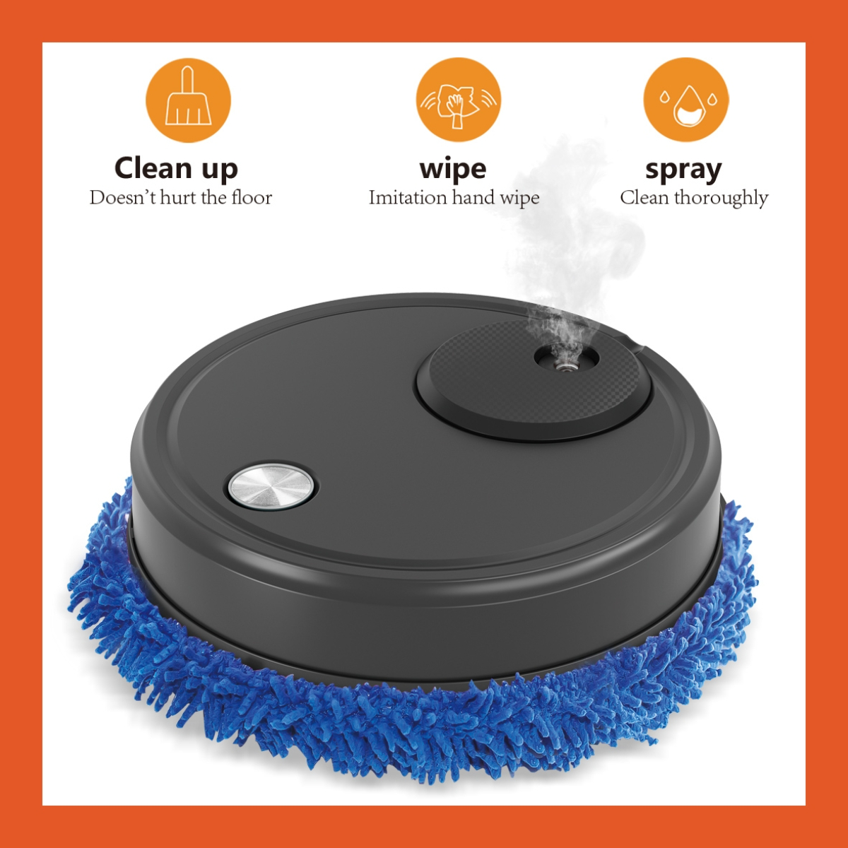 Schwarzer Robotermop mit blauem Fransen, mit Illustrationen zum Reinigen.