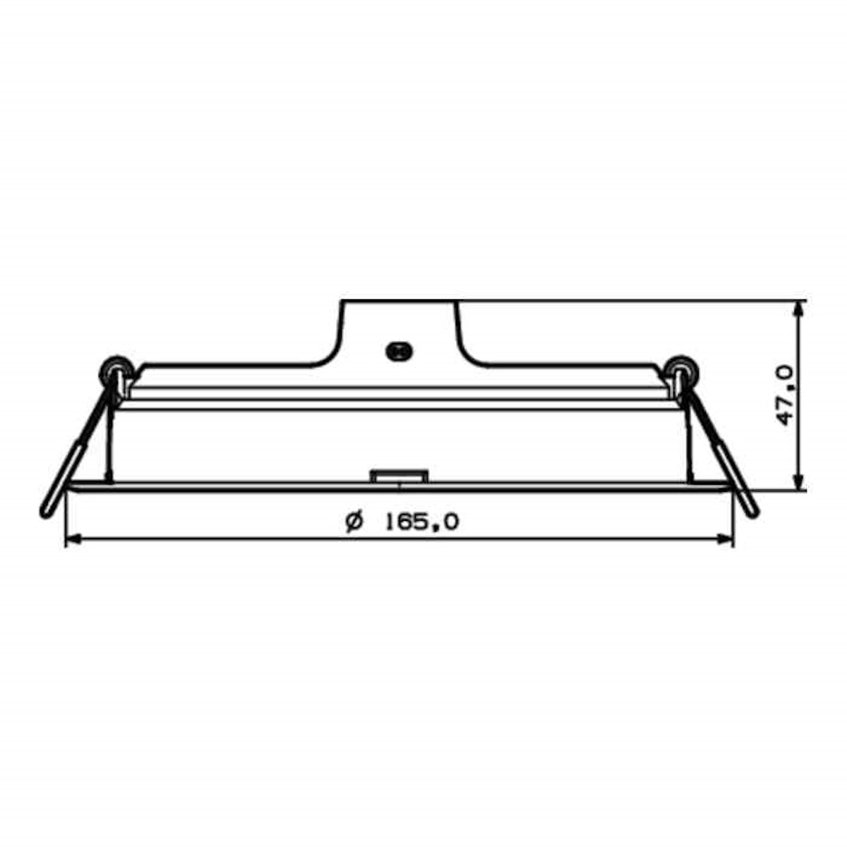 Dibujo técnico de una luminaria empotrada con dimensiones en mm.
