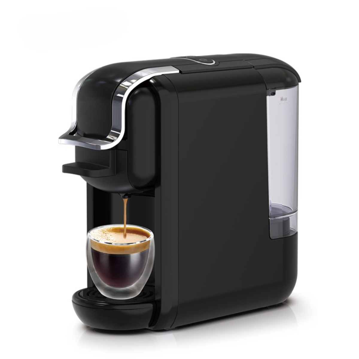Eine schwarze Espressomaschine mit einer Glastasse und einem Kaffeestrom.