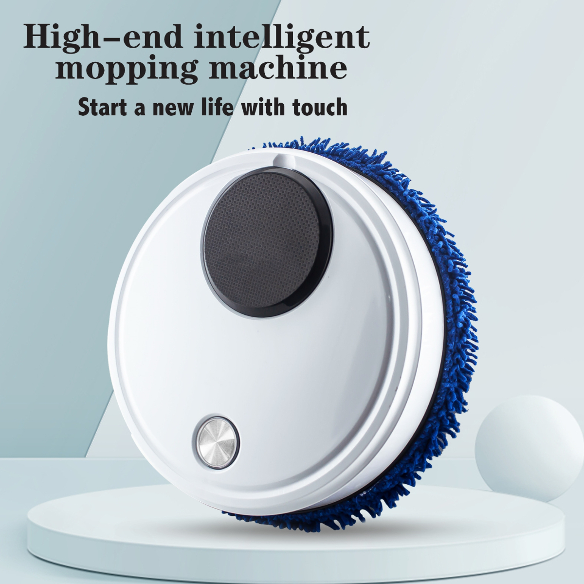 Weißer Roboter-Staubsauger mit blauem Fransen an einem weißen Ständer mit Textüberlagerung.