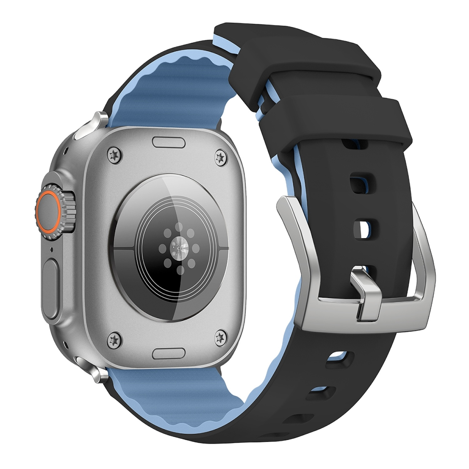 Eine silberne Smartwatch mit einem schwarzen und blauen Armband. Die Rückseite zeigt Sensoren.