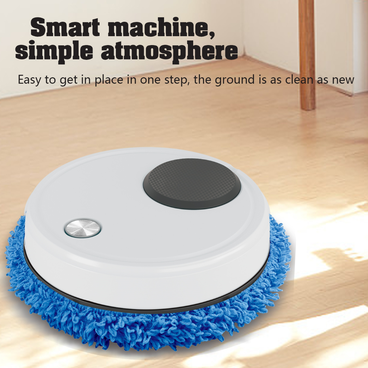 Ein weißer Roboter-Staubsauger auf dem Holzboden. Er hat einen blauen Rand und einen dunkelgrauen Kreis in der Mitte.