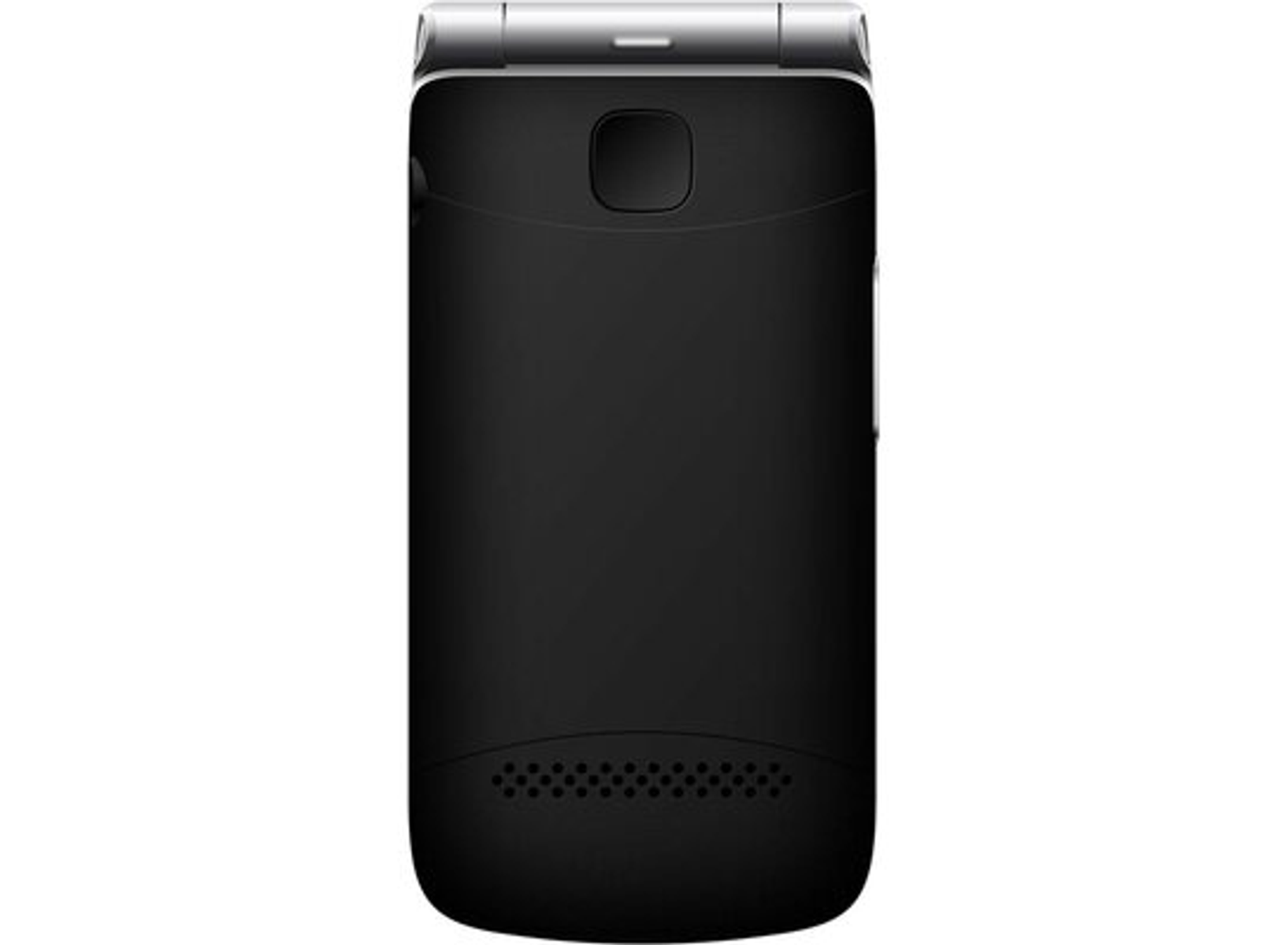 Un teléfono plegable negro, mostrando la parte trasera con una cámara, un altavoz y un pequeño botón.