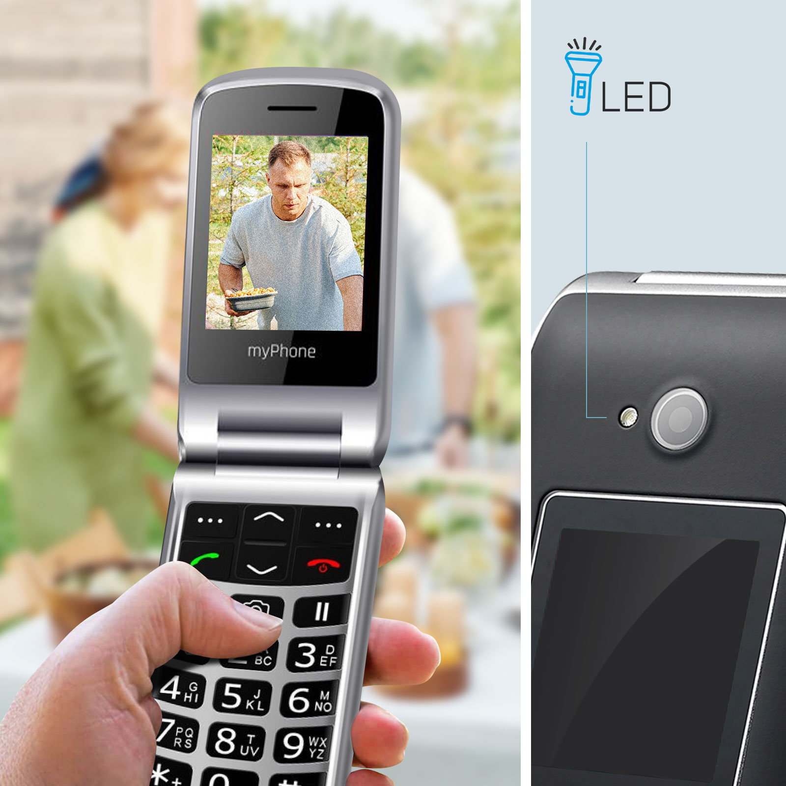 Un teléfono plegable que muestra una foto de un hombre sosteniendo comida, con LED y botones visibles.