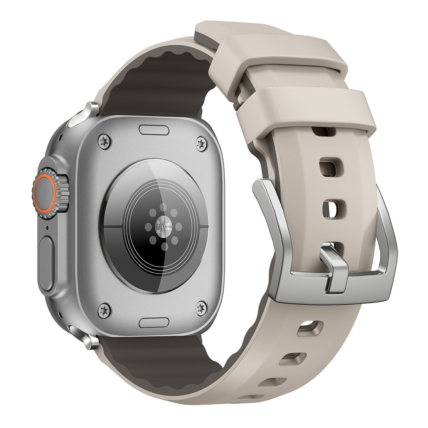 Silberne und cremefarbene Smartwatch mit cremefarbenem Armband, mit silbernem Knopf und Zifferblatt auf Weiß.