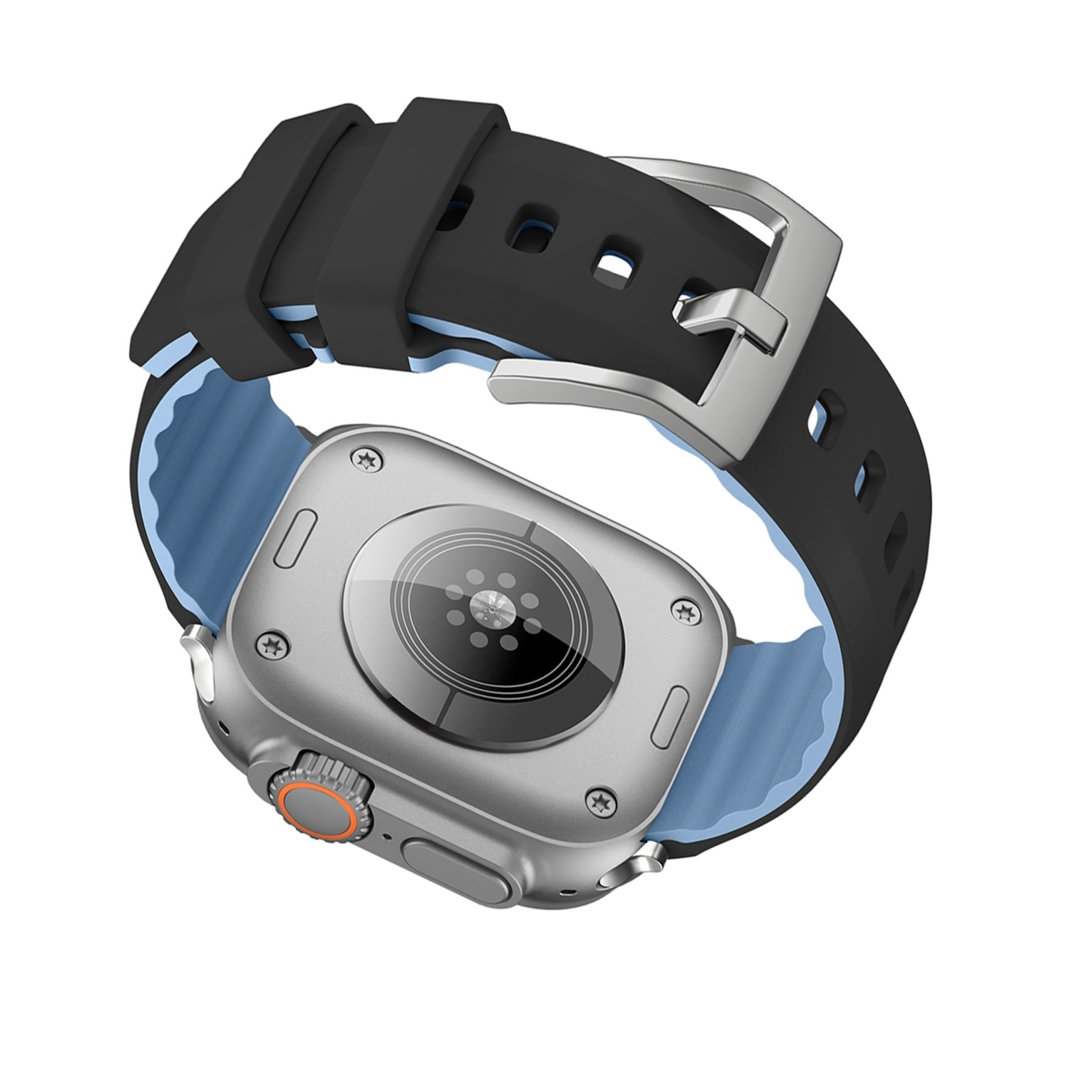 Silberne und schwarze Smartwatch am Handgelenk, mit einem schwarzen und blauen Armband.