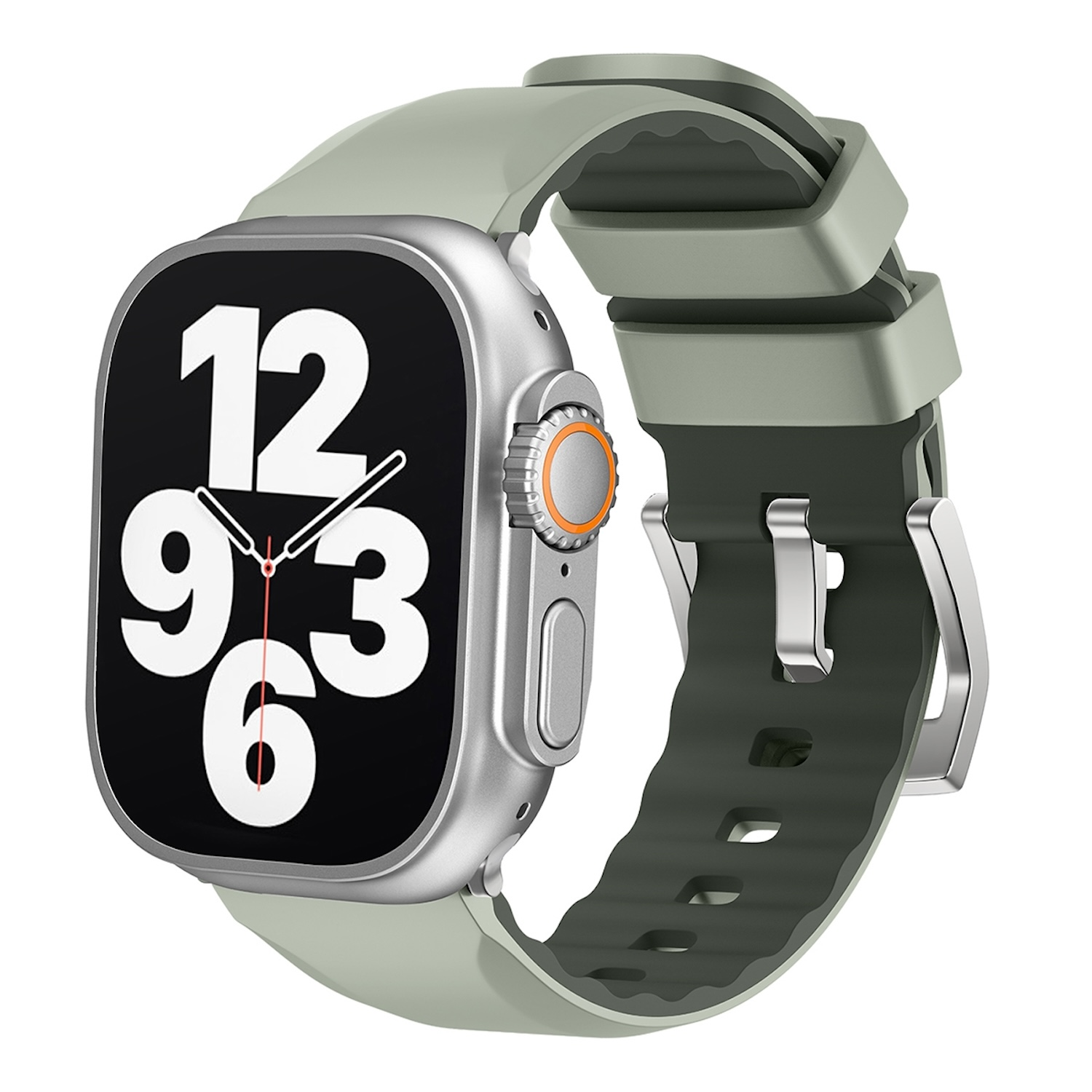 Silberne Smartwatch mit grauem Armband, zeigt Zeit, Gesundheitsdaten. Orangefarbener Knopf, grau-schwarzes Band.