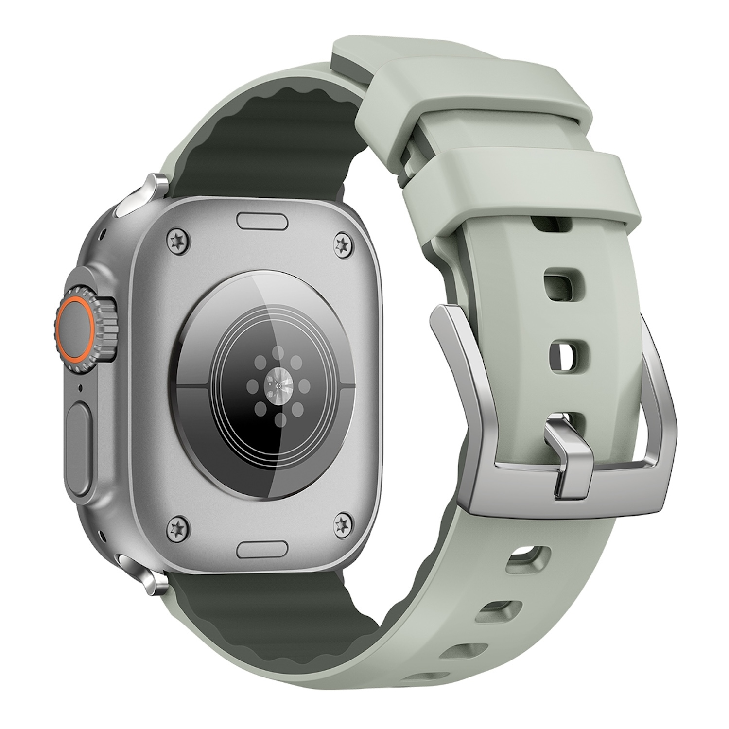 Silberne Smartwatch mit hellgrünem Armband. Die Rückseite zeigt Sensoren. Das Band hat eine silberne Schnalle.