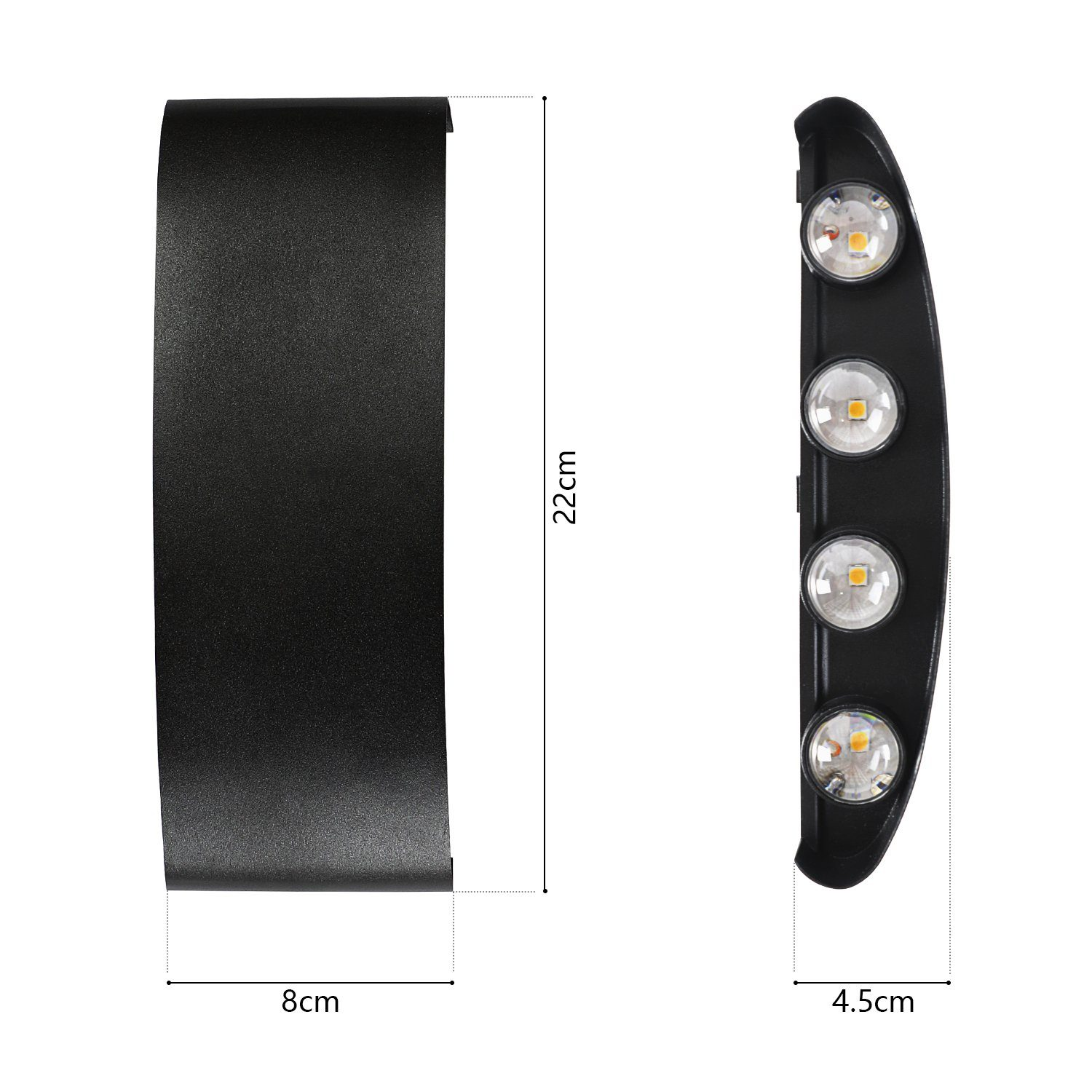 Czarna oprawa oświetleniowa LED z oznaczonymi wymiarami. Posiada cztery diody LED i zakrzywioną konstrukcję.