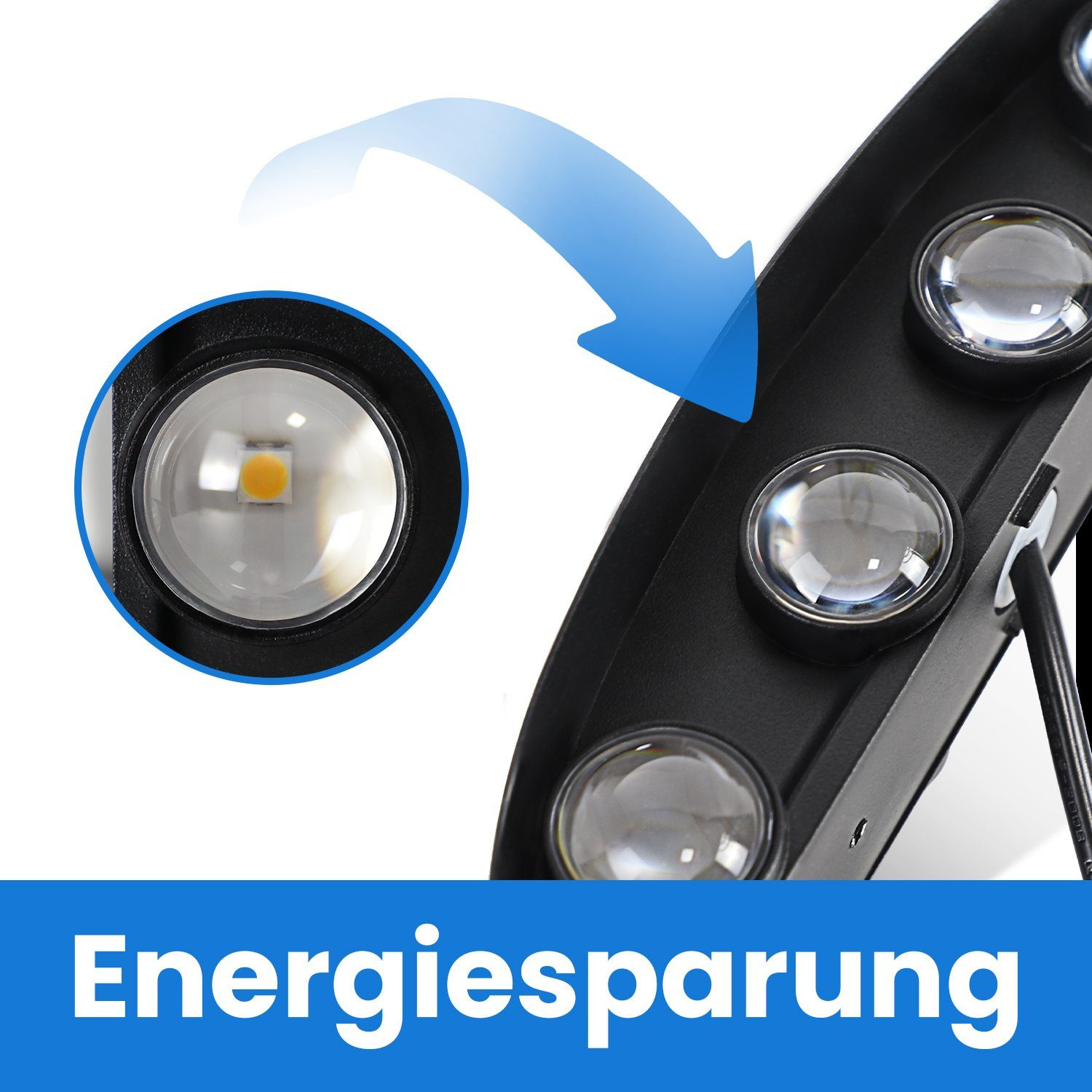 Zbliżenie światła z niebieską strzałką. Tekst o oszczędzaniu energii.