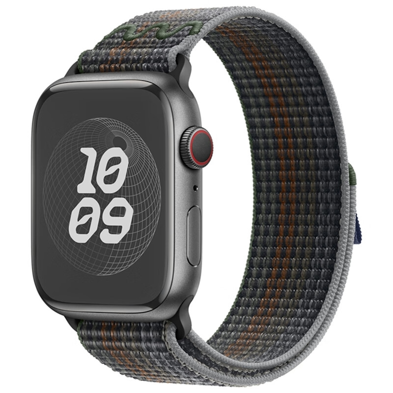 Dunkelgraue Smartwatch mit gemustertem Armband. Die Uhr zeigt die Uhrzeit an.