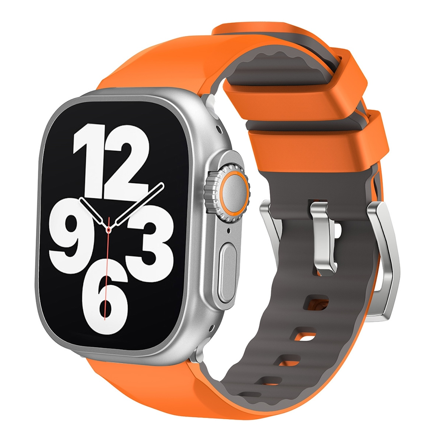 Silberne Smartwatch mit orangefarbenem und grauem Band. Das Zifferblatt zeigt Zahlen an.