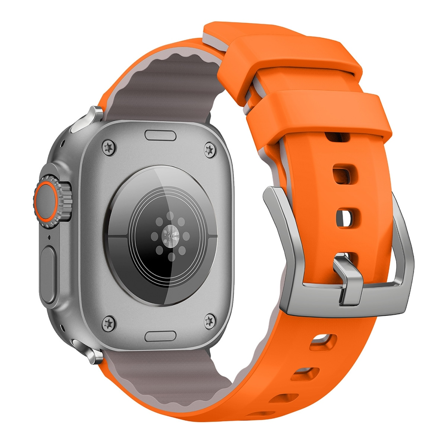 Silberne Smartwatch mit orangefarbenem Armband. Uhrdetails sichtbar. Armband hat einen Verschluss.