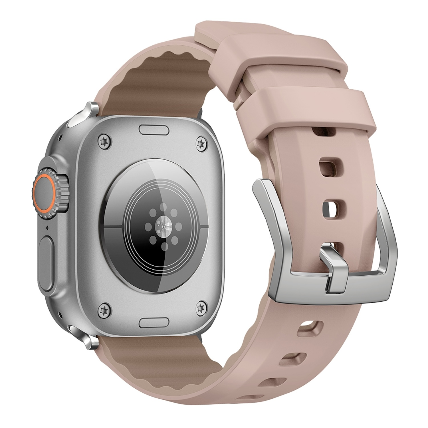 Die Rückseite einer silbernen Smartwatch mit pinkfarbenem Armband und silberner Schließe.