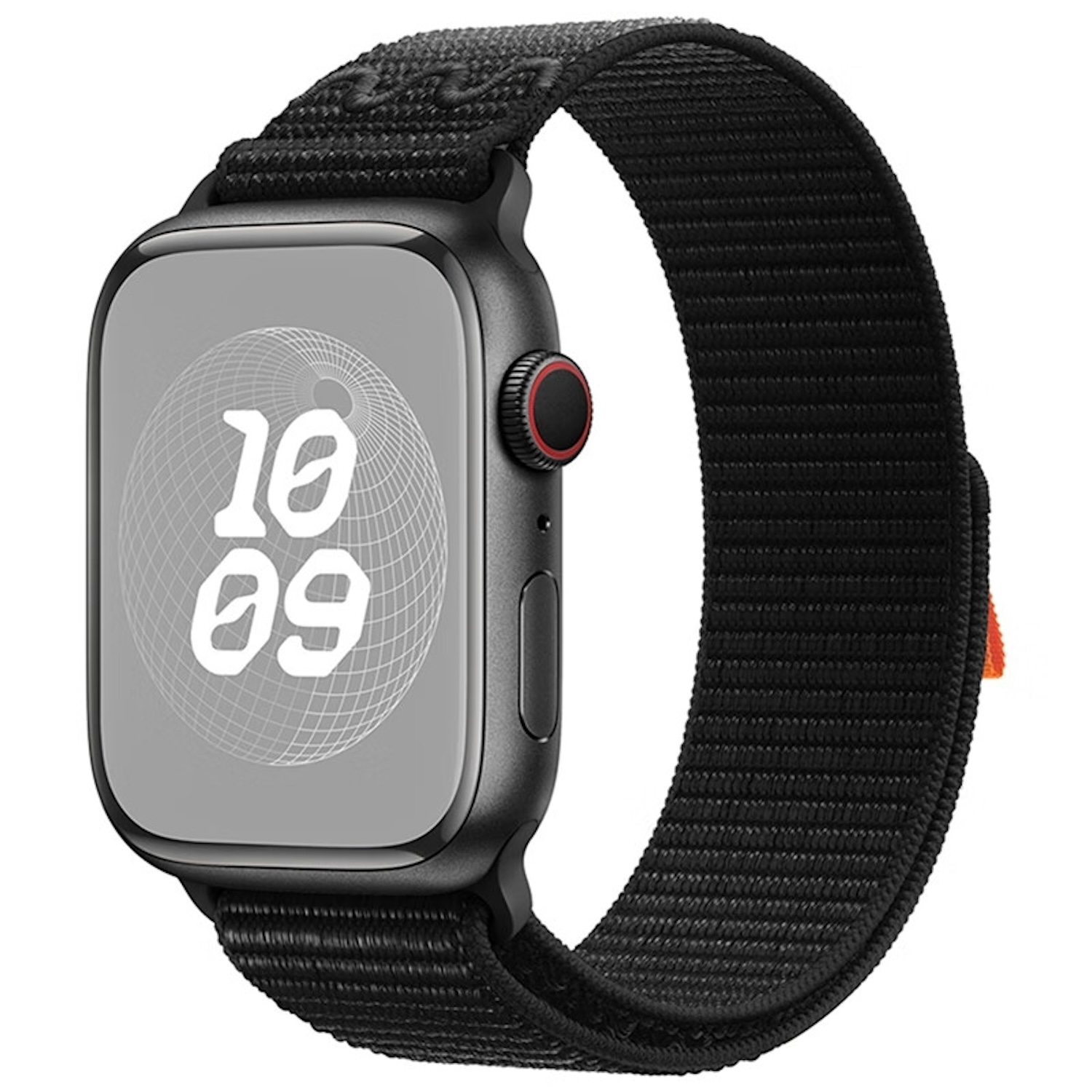 Schwarze Smartwatch mit schwarzem Stoffarmband. Der Bildschirm zeigt Zeit und Zifferblatt.