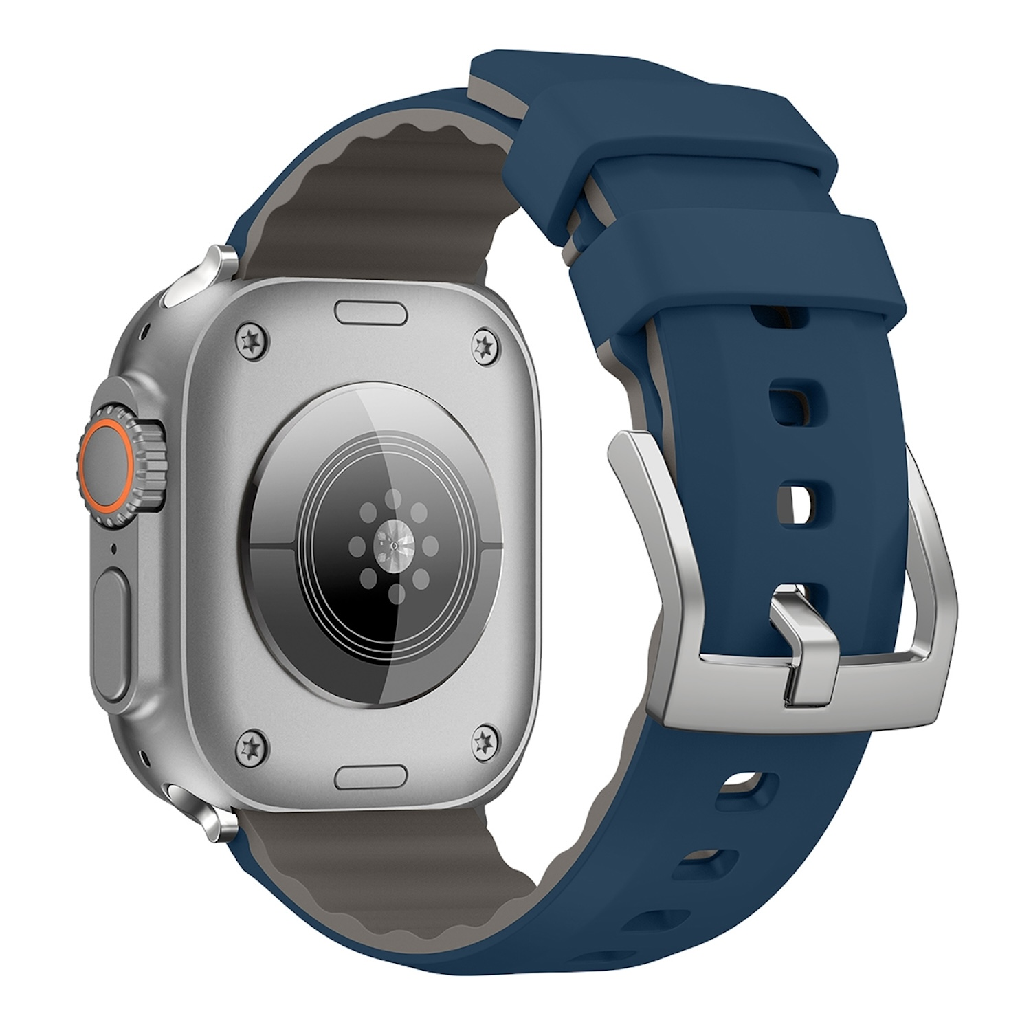 Silberne Smartwatch mit blauem Armband, Edelstahlrücken. Armband ist abgenommen. Weißer Hintergrund.