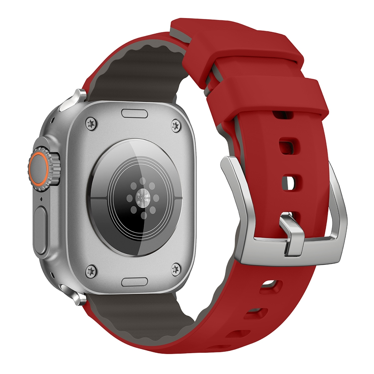 Eine silberne Smartwatch mit rotem Armband. Die Rückseite der Uhr ist sichtbar.