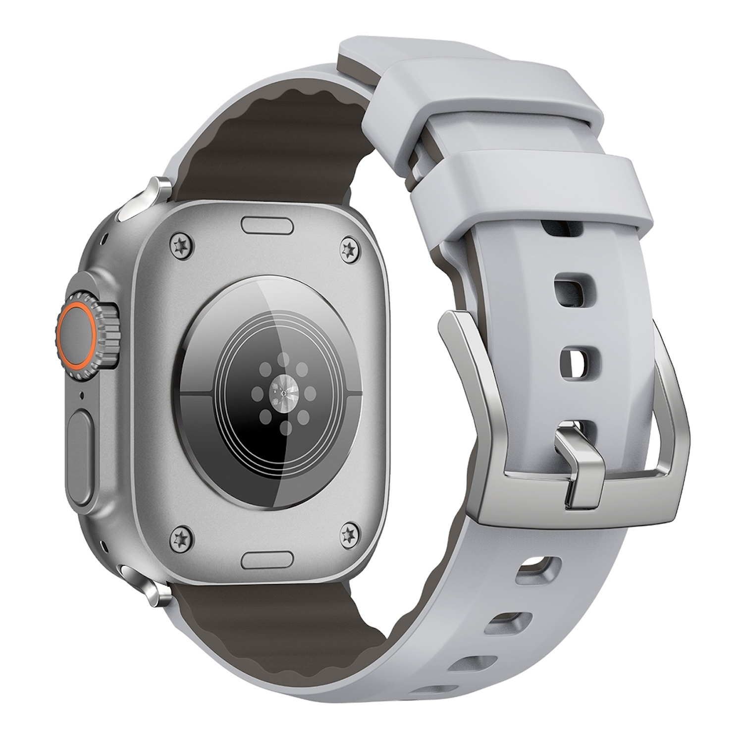 Rückansicht einer Smartwatch mit grauem Armband und silbernem Gehäuse.