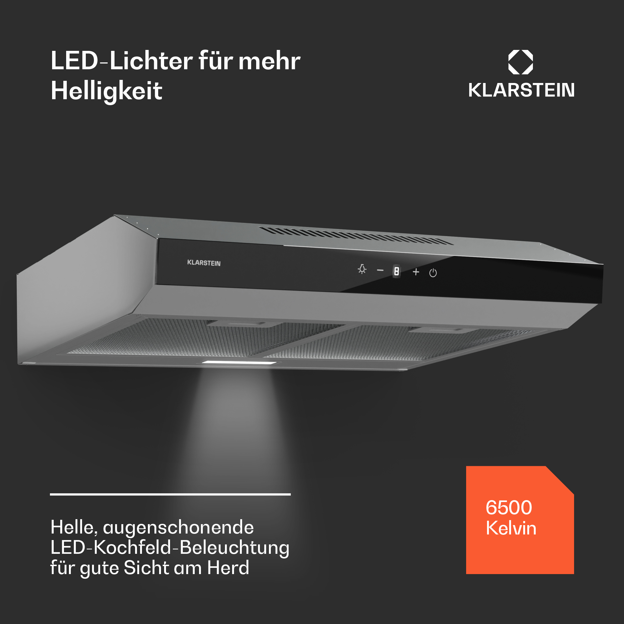 Cappa argentata con pannello comandi nero. Testo: Luci LED per luminosità, 6500 Kelvin.