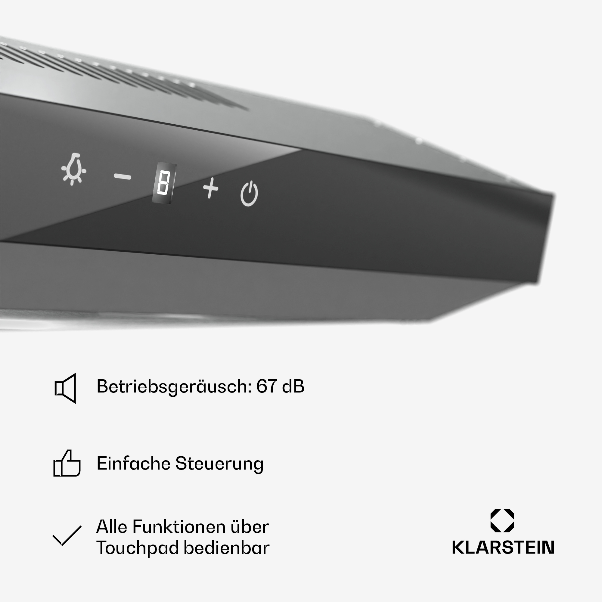 Pannello di controllo cappa nero e argento con pulsanti touch e display.