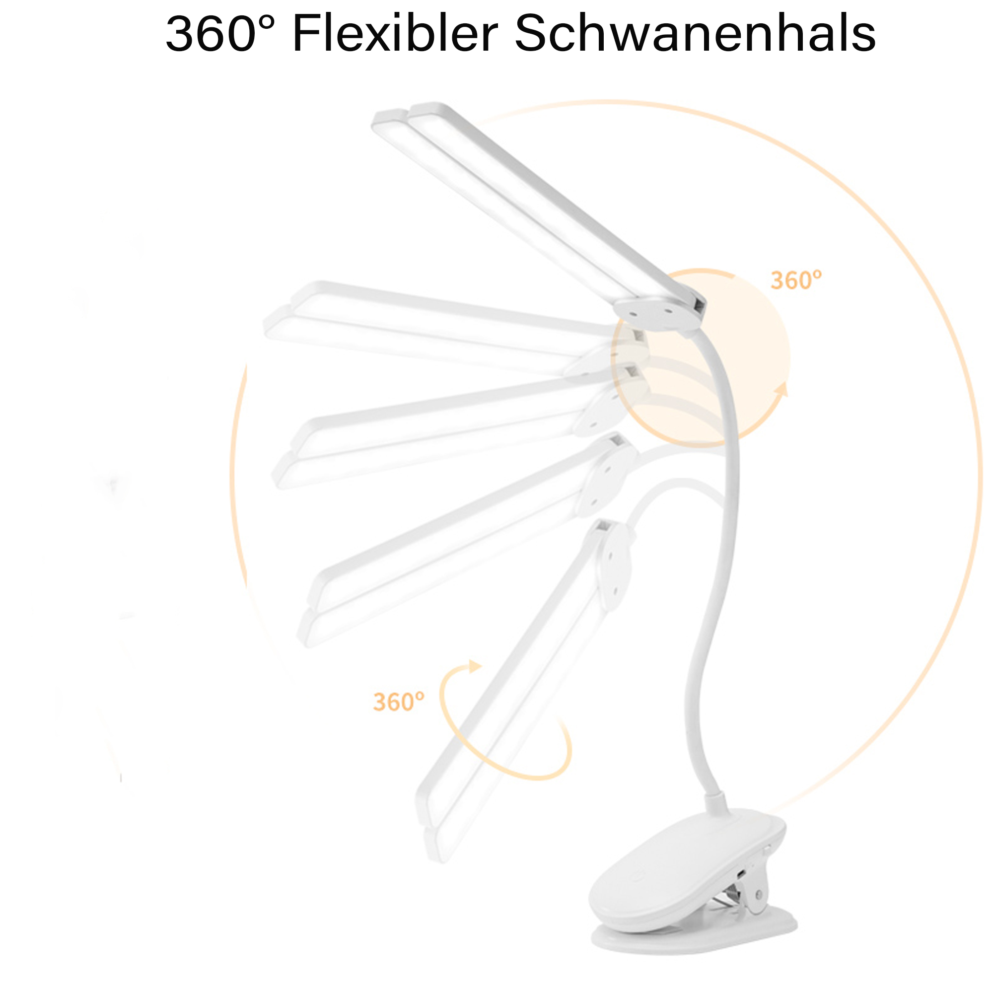 Eine weiße, flexible Schreibtischlampe mit Schwanenhals in verschiedenen Positionen. Licht emittiert.