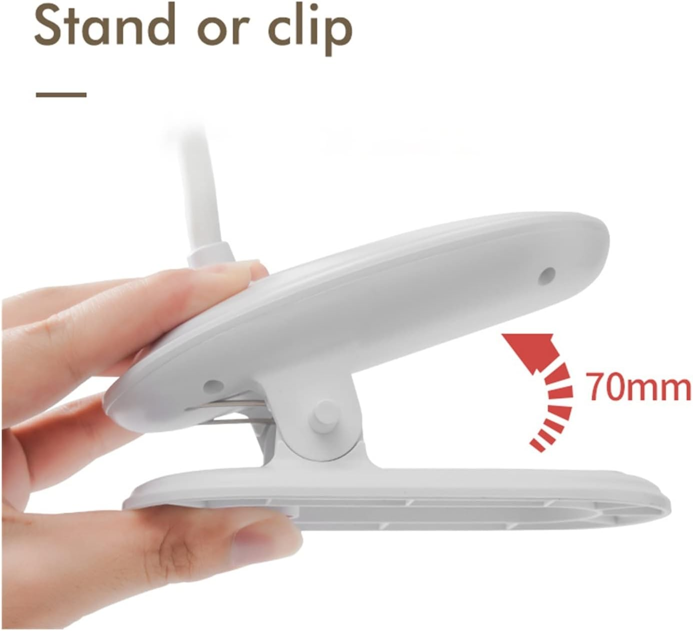 Eine weiße Clip-On-Lampe mit flexiblem Hals. Der Clip ist geöffnet und der Text lautet 70 mm.