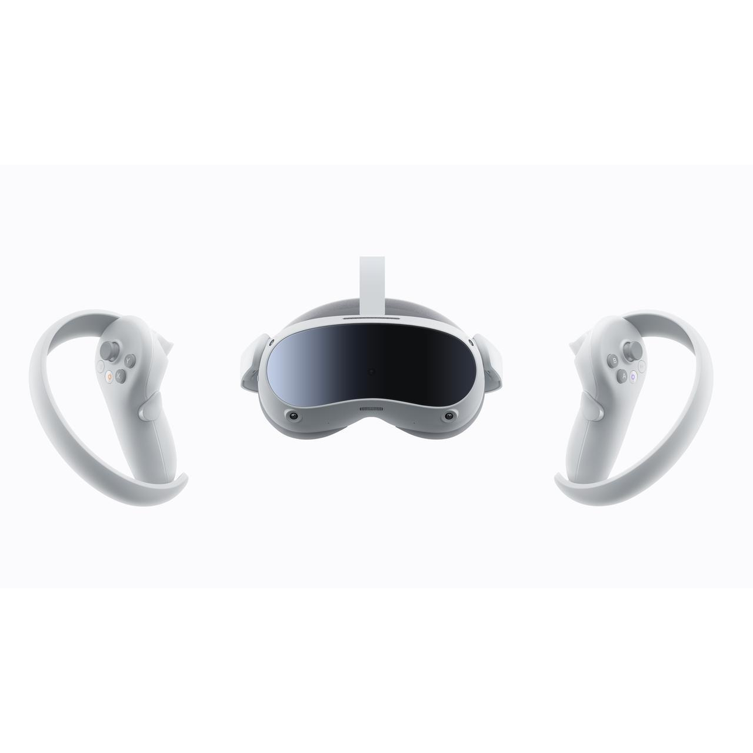 Gafas de realidad virtual con mandos, todo blanco, sobre fondo blanco.