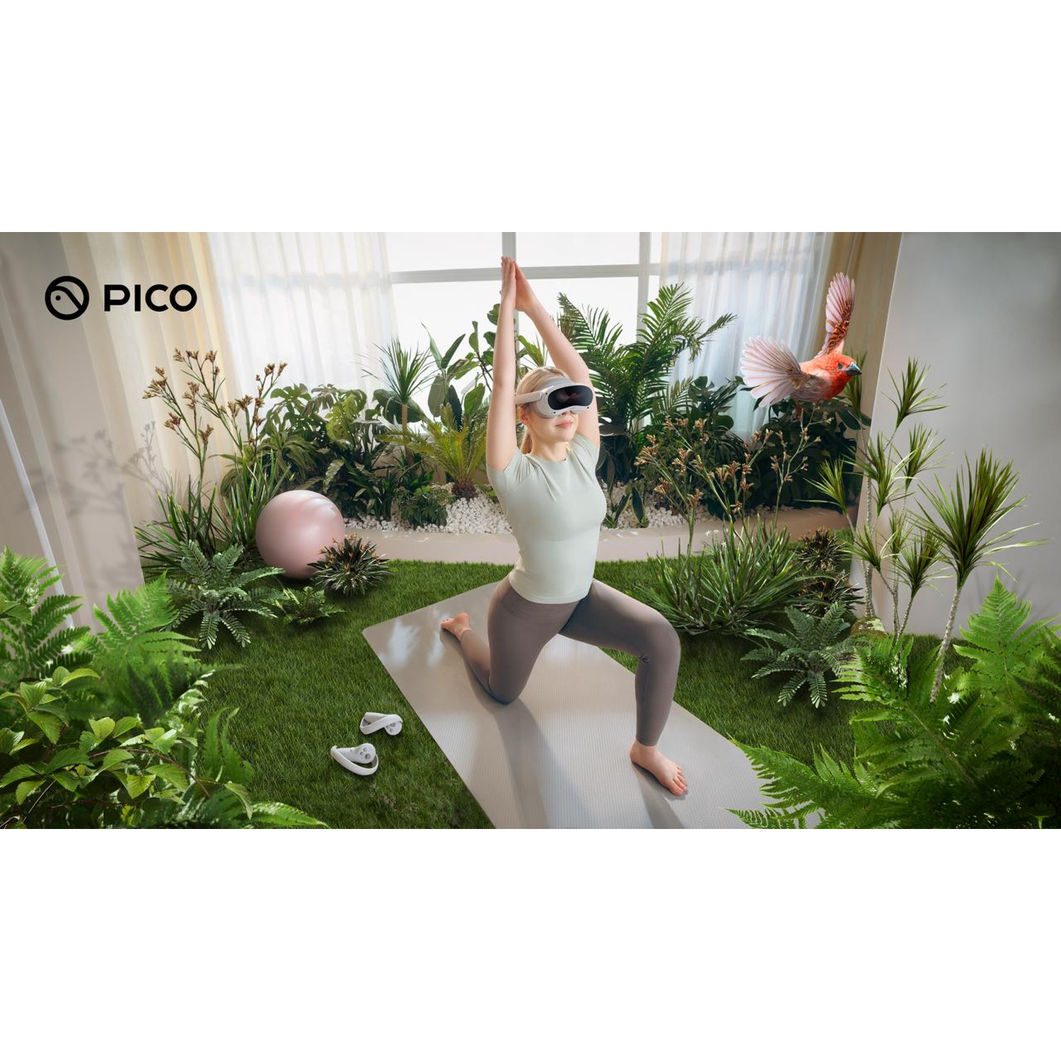 Eine Person in VR-Ausrüstung macht Yoga in einem virtuellen Garten.