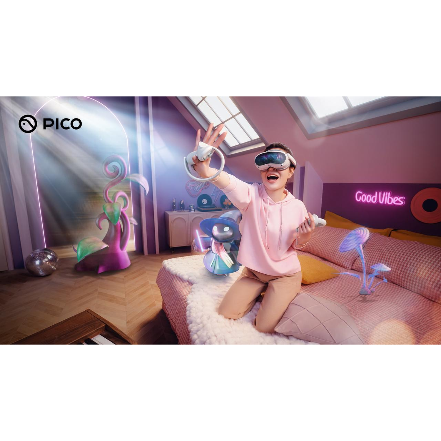 Eine Person mit VR-Headset in einer bunten virtuellen Welt.