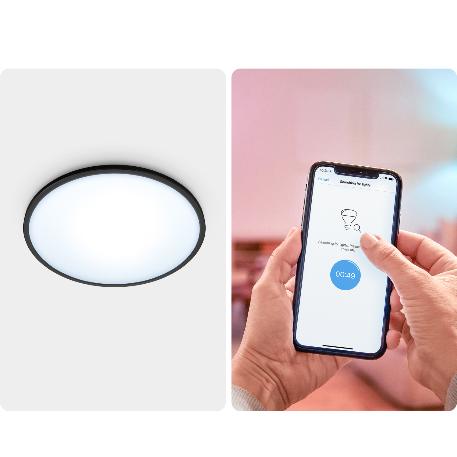 Een ronde plafondlamp en een telefoon die een smart home app interface toont.