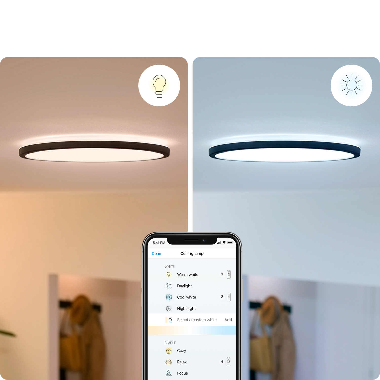 Twee plafondlampen die warme en koele witte lichtinstellingen weergeven, met een telefoon met app.