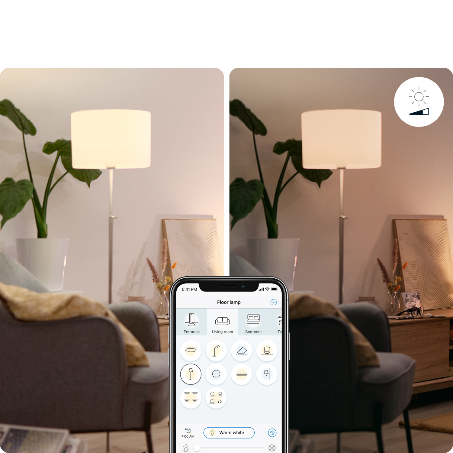 Vloerlamp aan, smartphone met bediening, woonkamerachtergrond met planten en meubels.