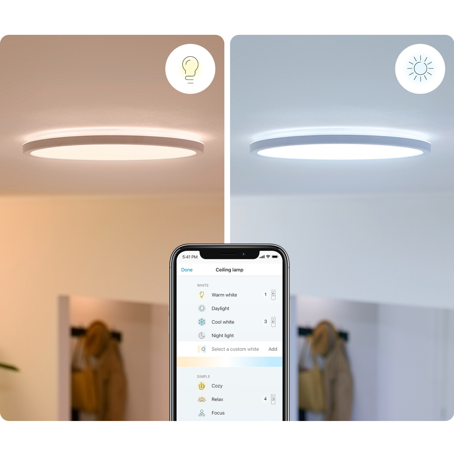Een moderne plafondlamp met verschillende lichtinstellingen die via een smartphone worden bediend.