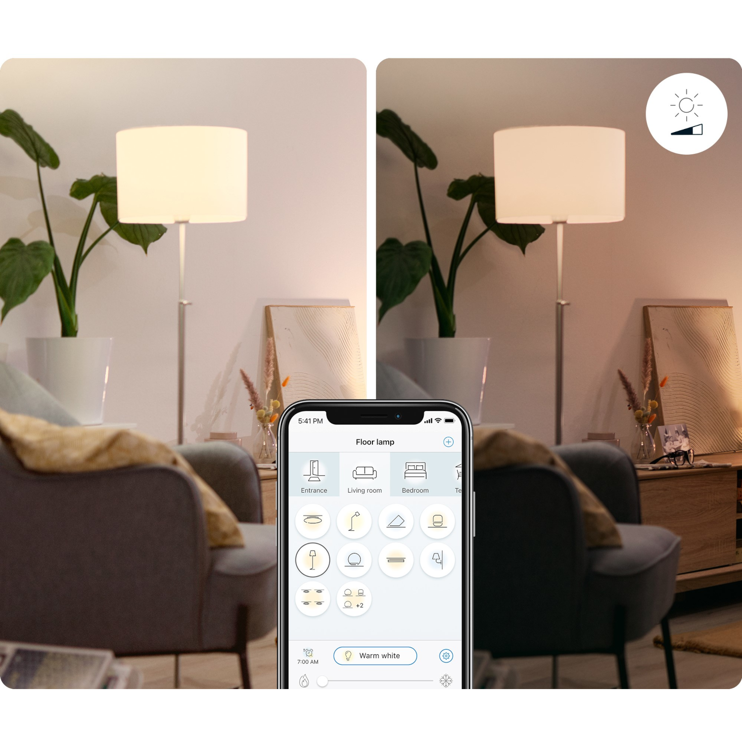Twee afbeeldingen tonen een staande lamp. Eén aan, één uit. De telefoon toont een bedieningsapp.