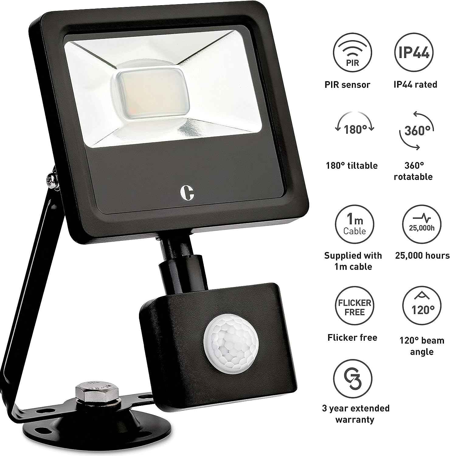 Foco negro con sensor PIR. Tiene una cabeza rectangular y un brazo giratorio, con varios iconos.