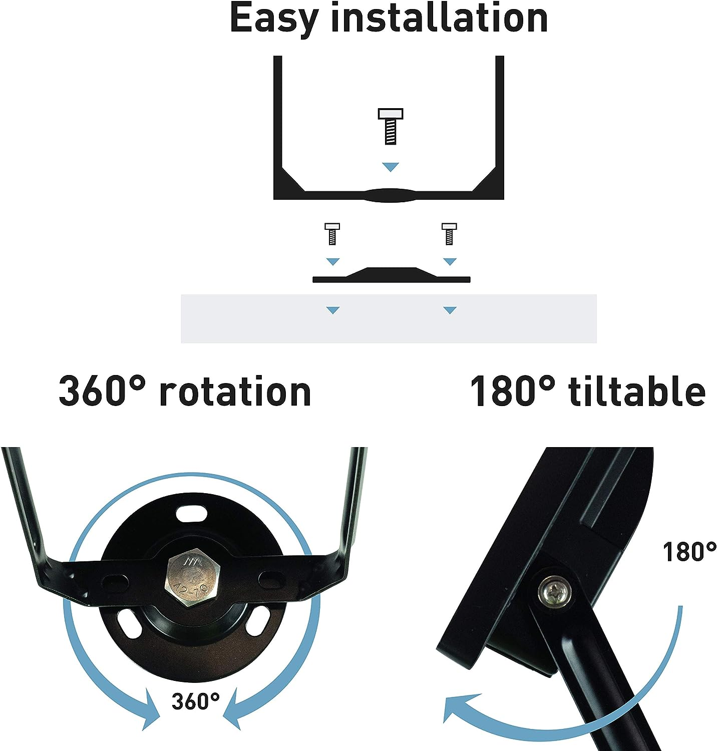 Diagrama de instalación, rotación 360° e inclinación 180° de un soporte de montaje negro.