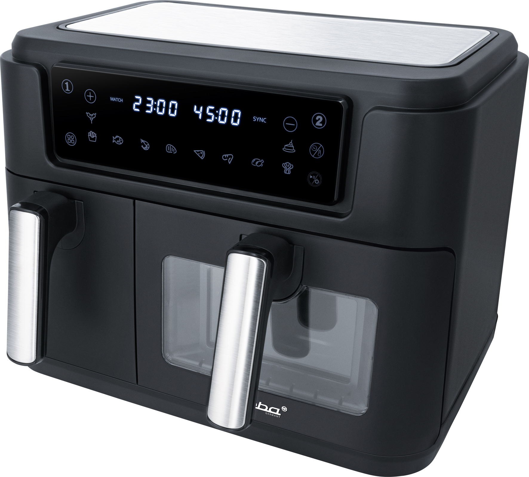 Una friggitrice ad aria nera con display digitale e due maniglie.