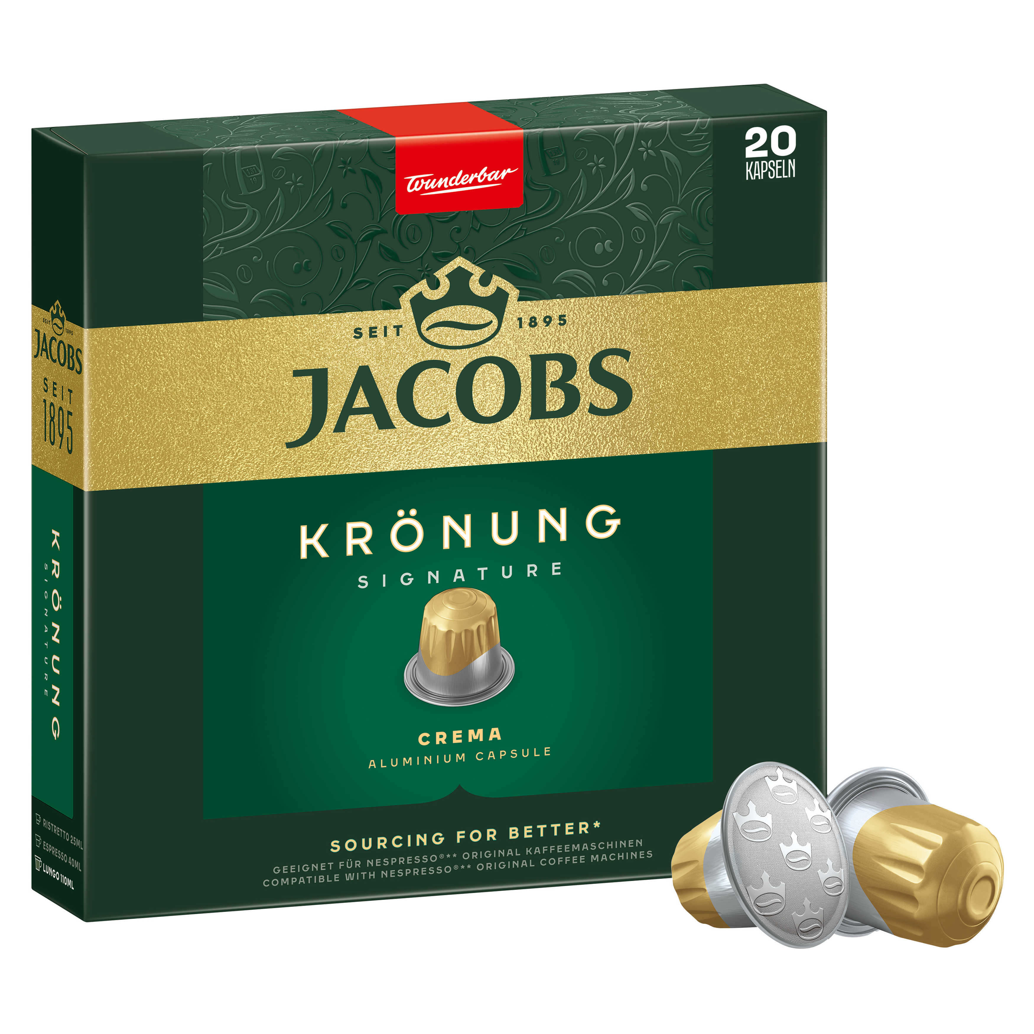 Eine grüne und goldene Jacobs Krönung Kaffeepackung mit Kapseln, mit Branding und der Aufschrift '20 Kapseln'.