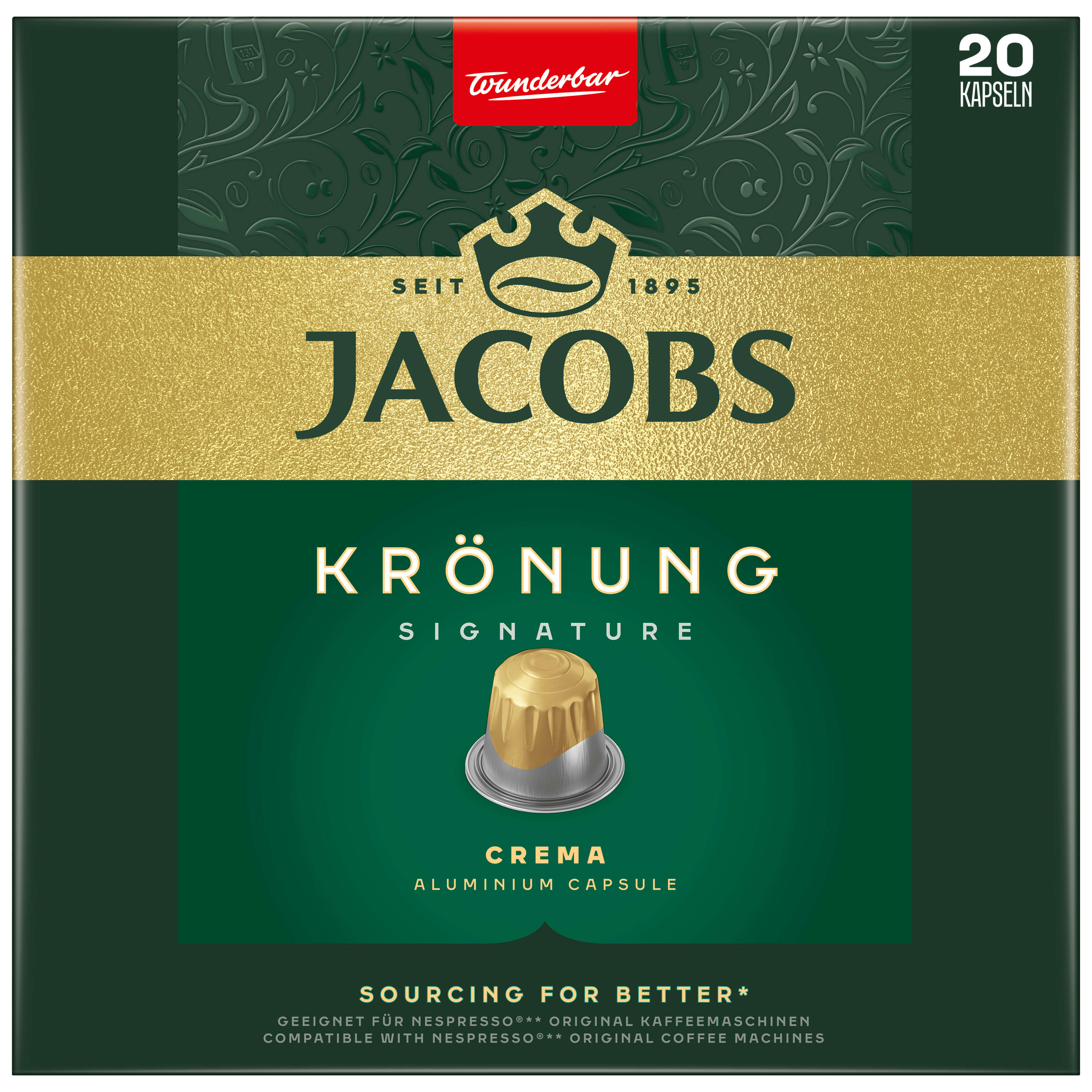 Kaffeekapselbox mit goldener Kapsel. Der Text lautet Jacobs Krönung, Crema und 20 Kapseln.