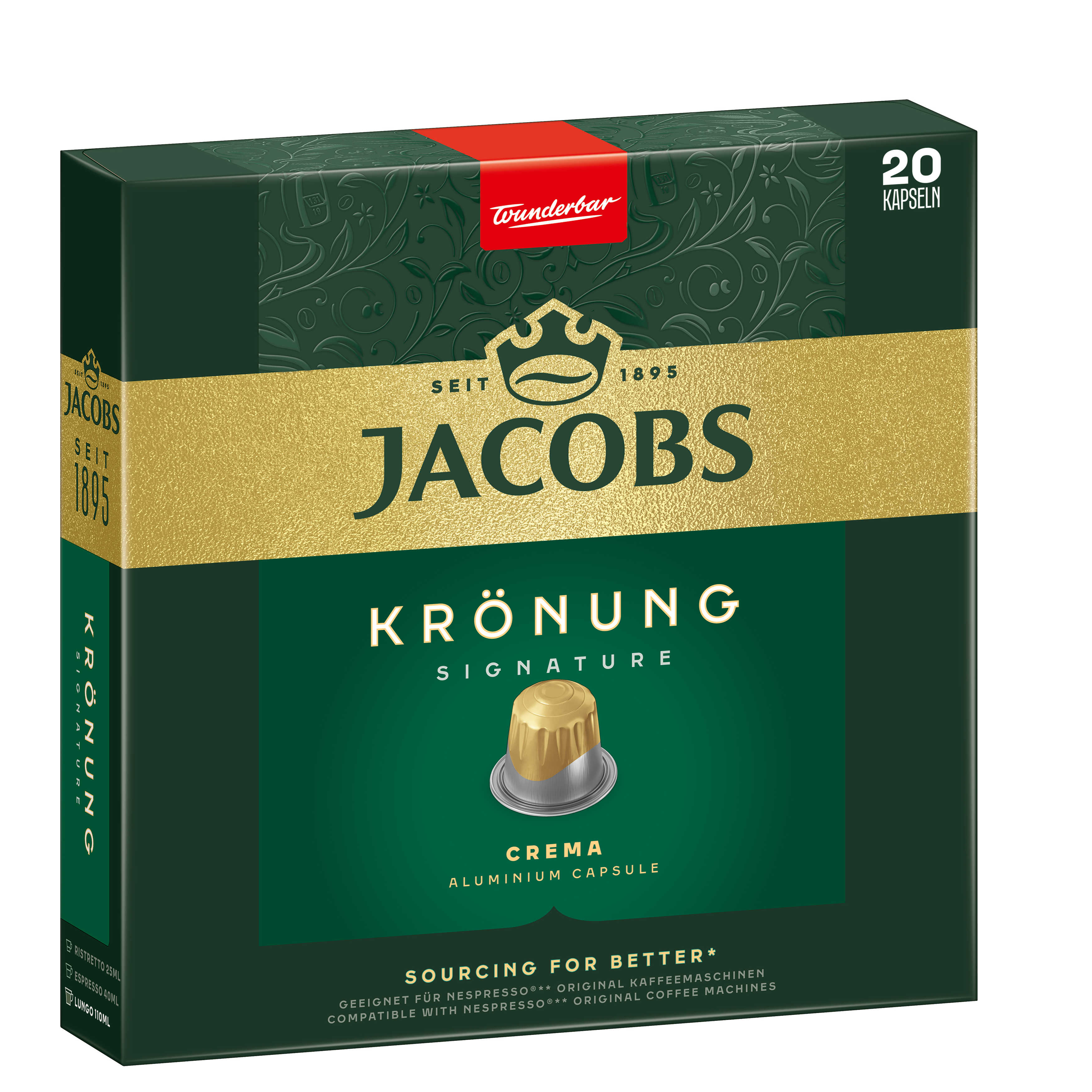 Grüne und goldene Kaffeekapselbox mit den Worten „Jacobs Krönung Signature“ darauf.