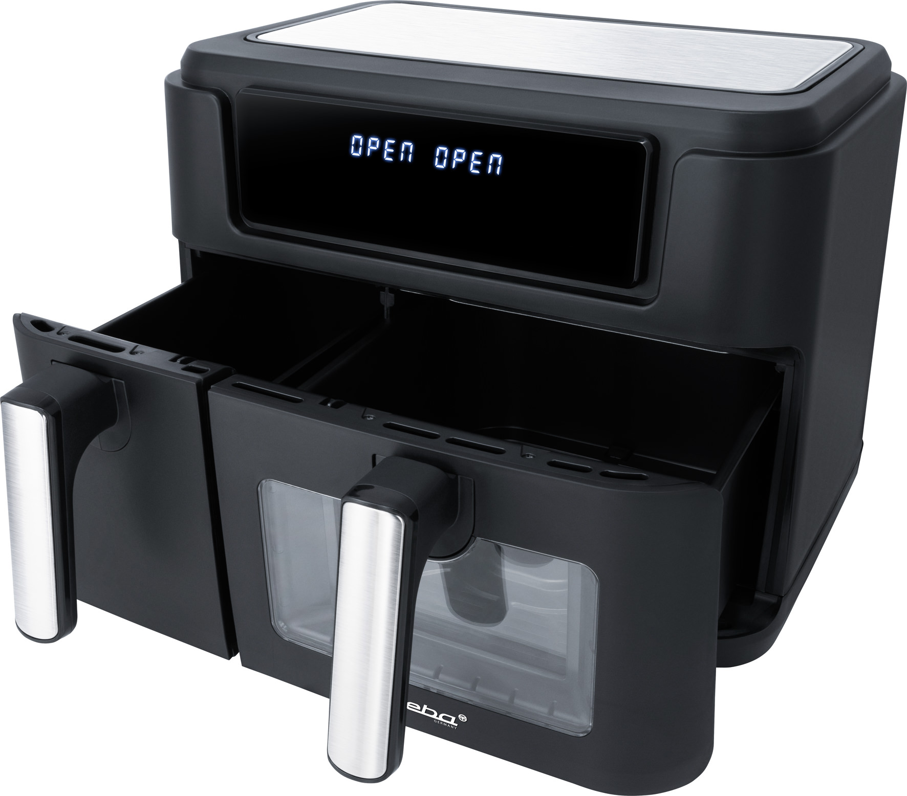 Friggitrice ad aria nera a due scomparti con display digitale 'OPEN OPEN'.