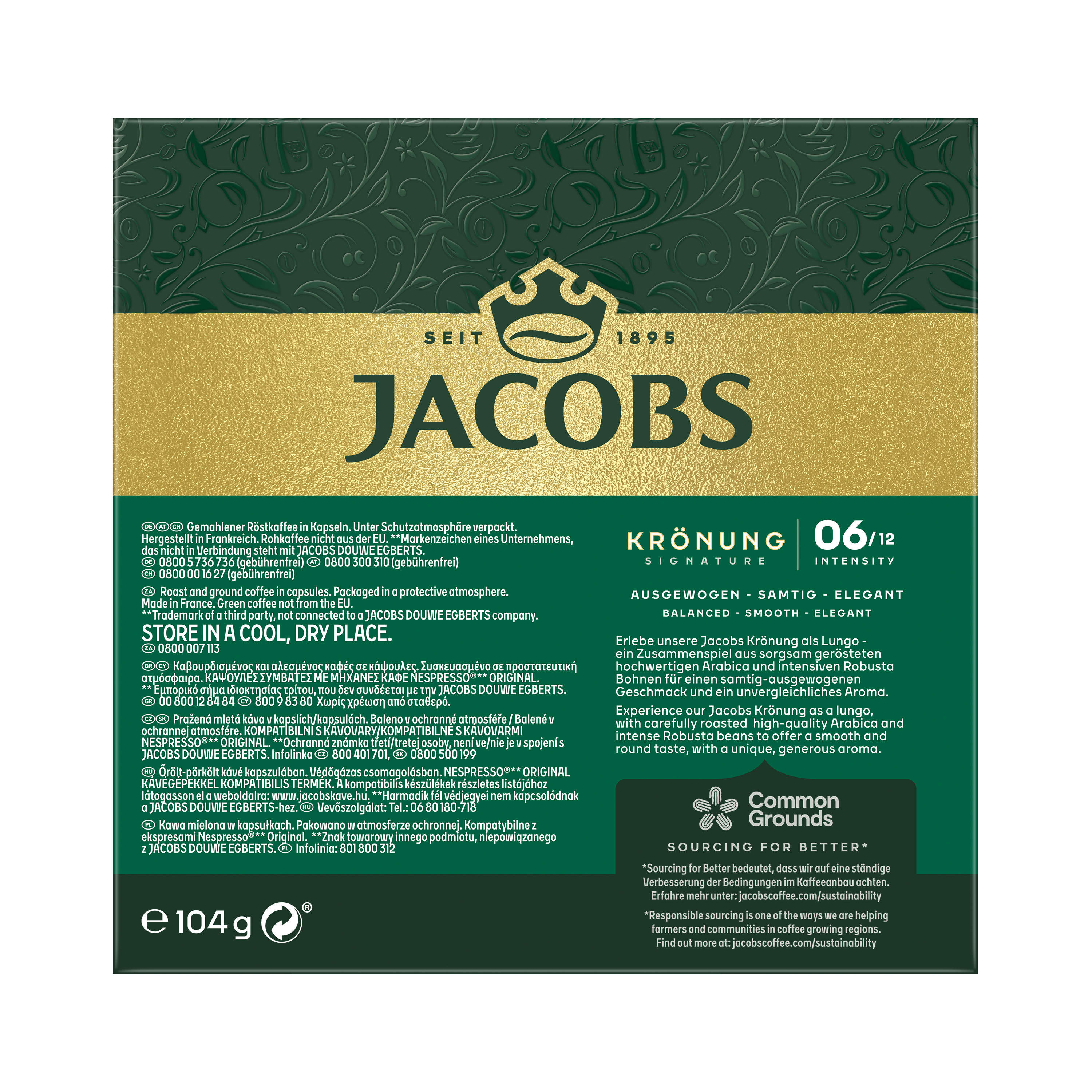 Eine Kaffeeverpackung mit grünem und goldenem Design. Text und Logos sind sichtbar. Der Hintergrund ist grün.