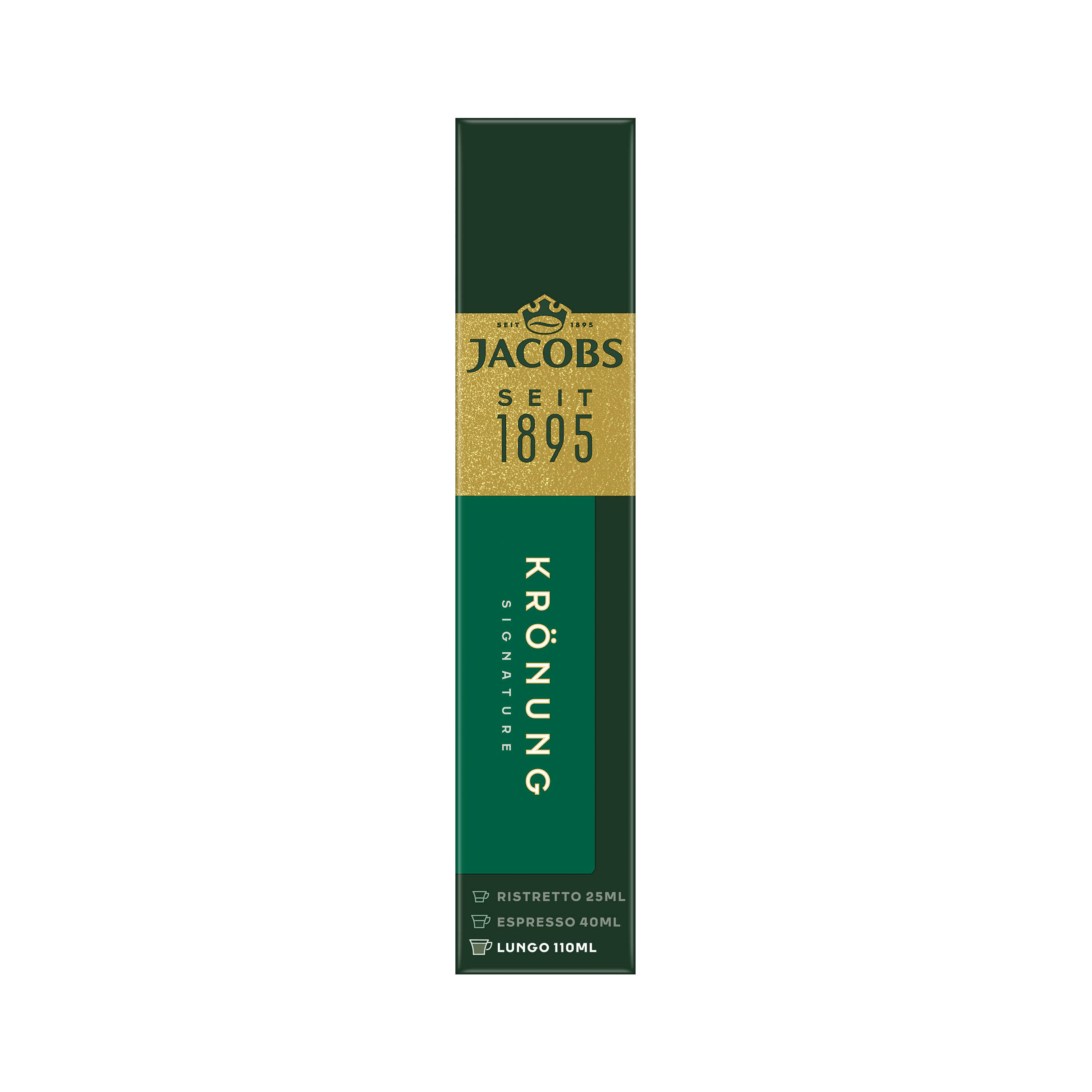 Jacobs Krönung Kaffeepackung. Dunkelgrün und Gold. Weißer Hintergrund.
