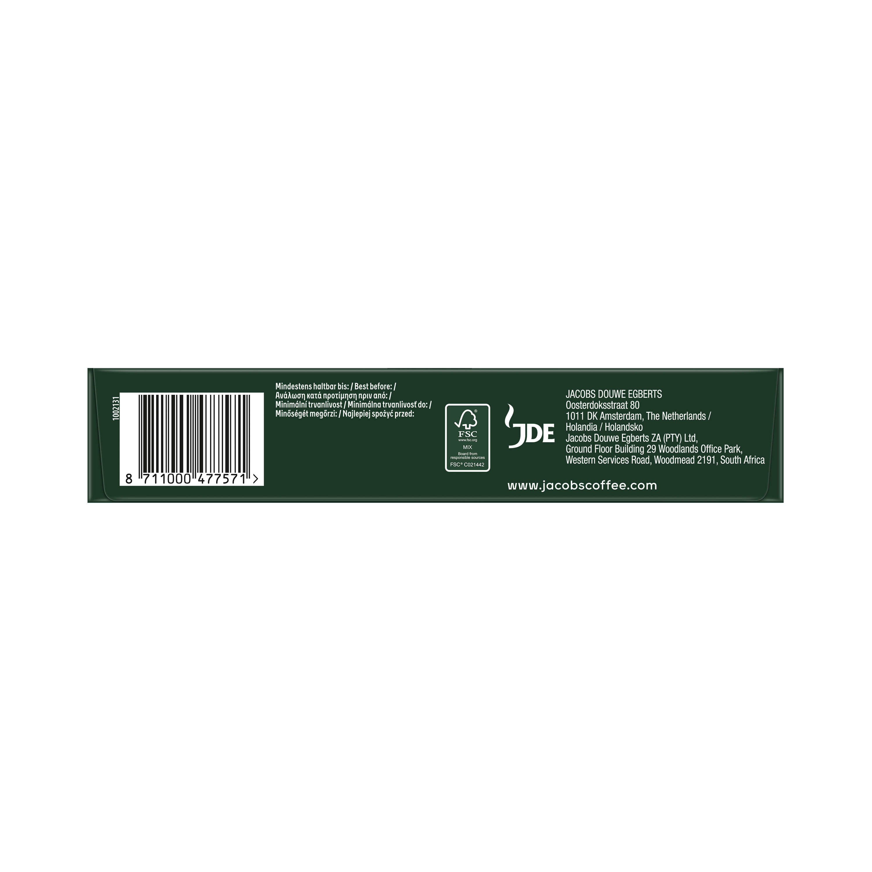 Eine Schachtel Jacobs Douwe Egberts Kaffee mit Text und Barcode.