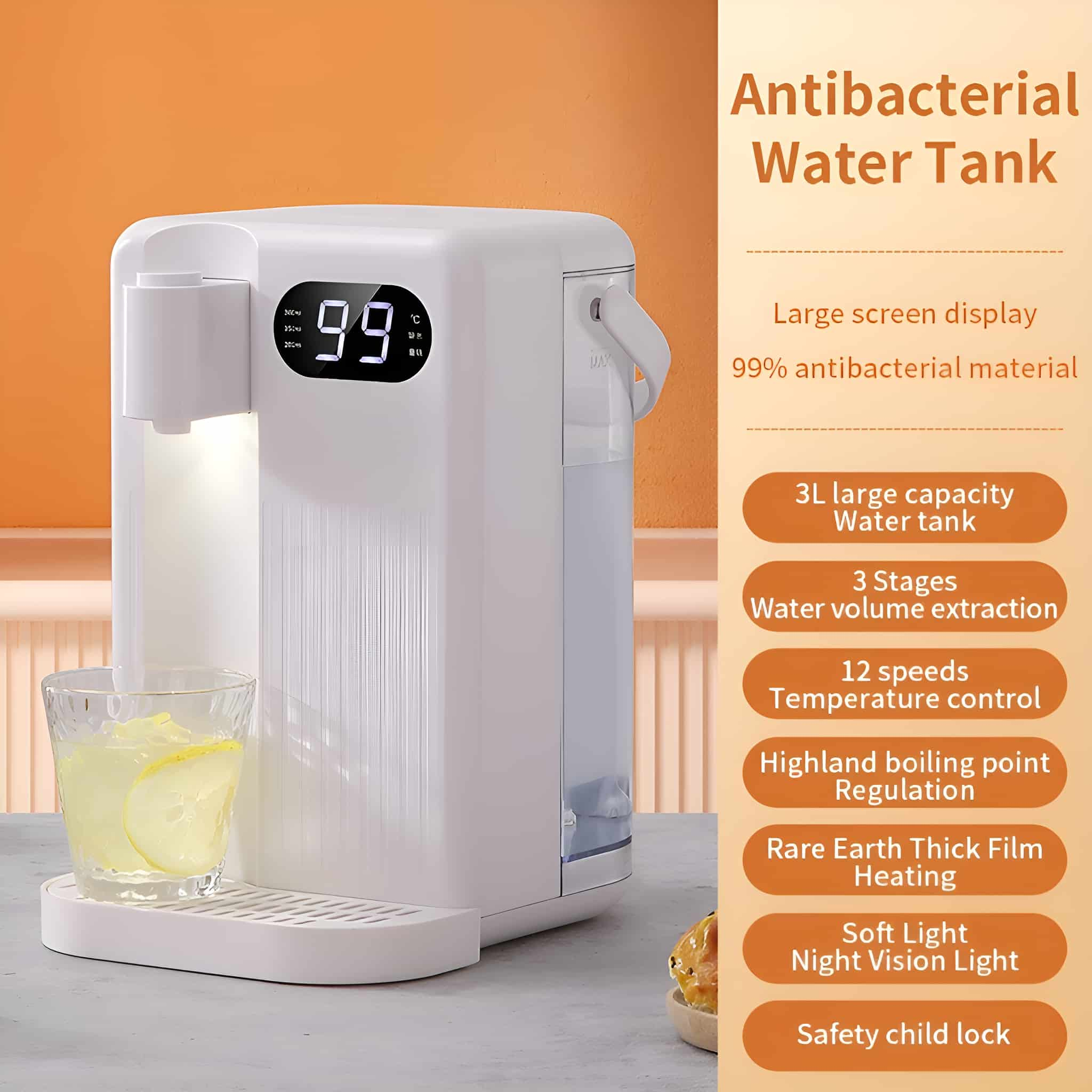 Weißer Wasserspender mit Digitalanzeige und Text auf orangefarbenem Hintergrund. Ein Glas Wasser befindet sich im Vordergrund.