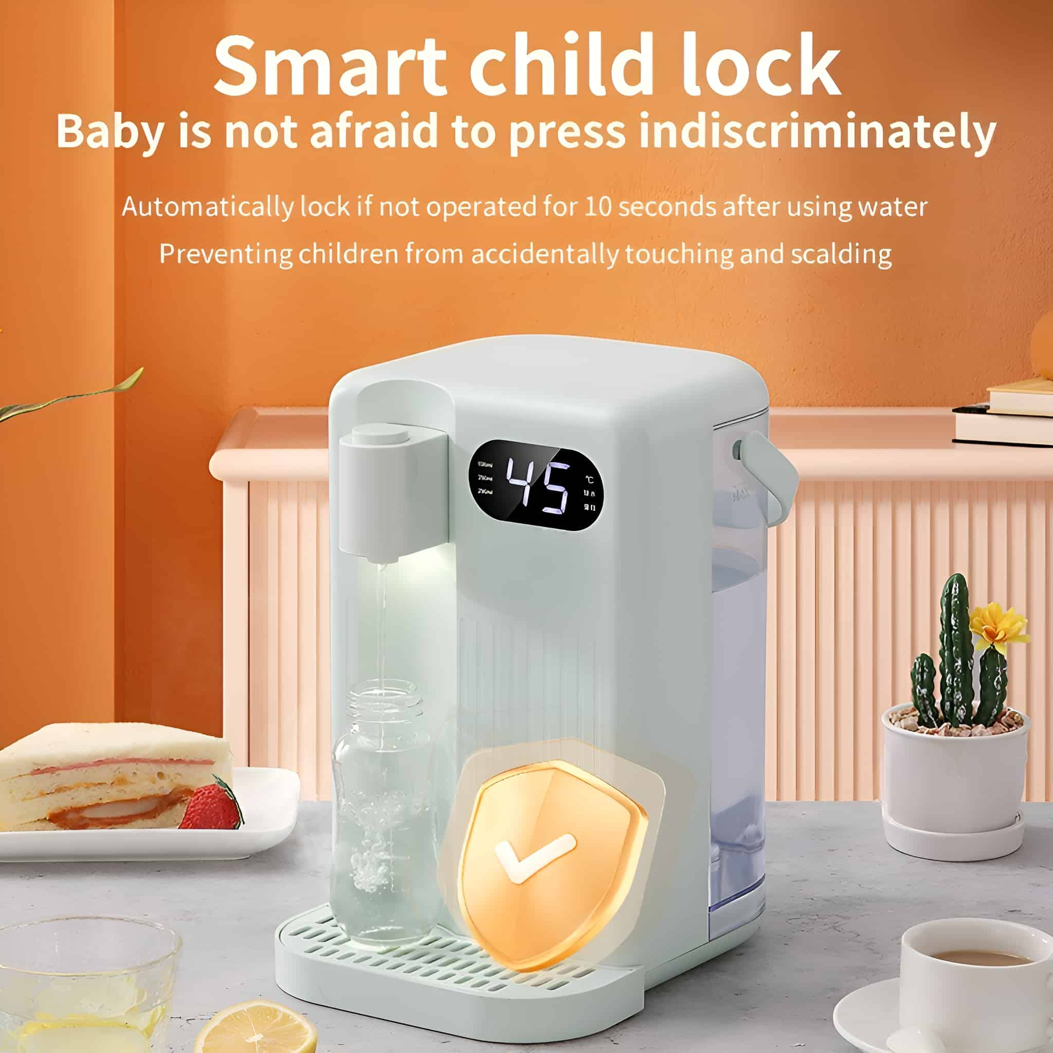 Ein weißer Babyflaschenwärmer und ein kleiner Tisch mit Essen und Pflanzen. Der Text lautet „Smart Kindersicherung“.