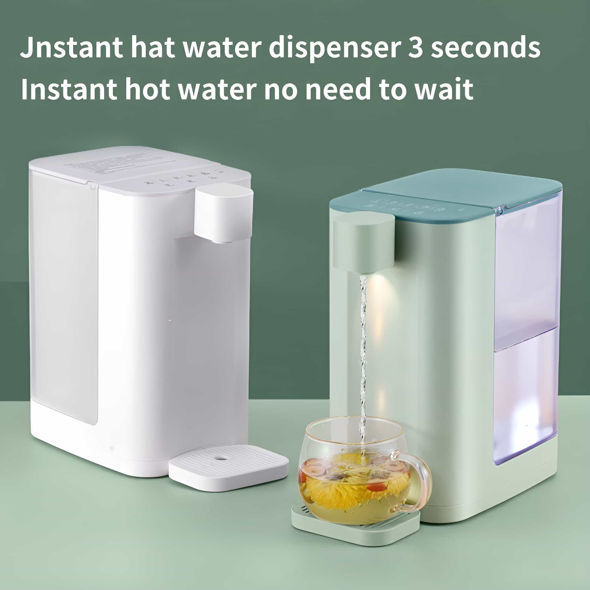 Zwei weiße und grüne Wasserspender. Einer gibt Wasser in eine Tasse mit Blumen ab. Text erwähnt sofortiges heißes Wasser.